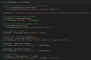 Imagen que muestra código C# para manipulación de cadenas de texto